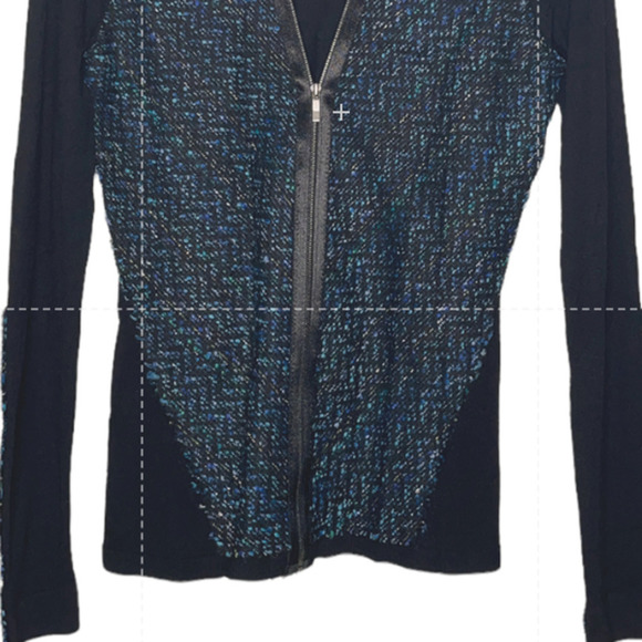 ELLIE Tahari Top Blue Black Twill Wool Blend Zippered Elbow Patch Womens X Small - Picture 4 of 12